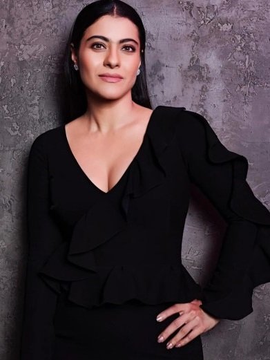 Kajol Hair Style Behind Ears With Sleek Hair With A Dark-Blue Sari