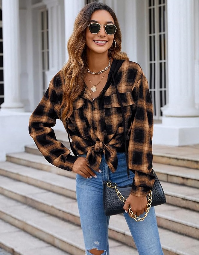 Button Down Flannel Shirts Long Sleeve Plaid Shackets Business Casual Blouse Top