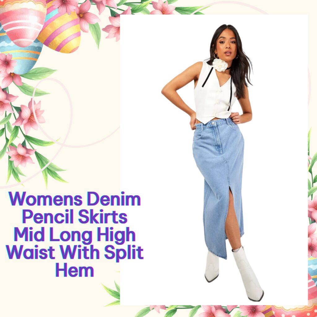 Womens Denim Pencil Skirts Mid Long High Waist With Split Hem